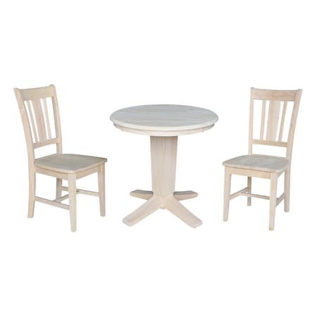 International Concepts 30 in. Solid Wood Round Top Dining Table with 2 Chairs, Unfinished K-30RT-23B-C10-2